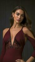 A stunning woman adorns an elegant wrap dress, radiating grace and style in a fashionable attire that captures attention and admiration.Ai generated photo