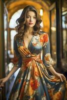 A stunning woman adorns an elegant wrap dress, radiating grace and style in a fashionable attire that captures attention and admiration.Ai generated photo