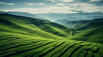 AI generated Green tea plantation, top view texture photo