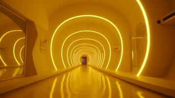AI generated Empty yellow  tunnel. Technology futuristic background. photo