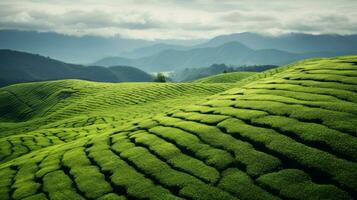 AI generated Green tea plantation, top view texture photo