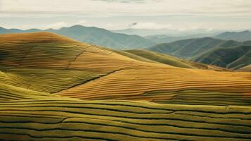 AI generated Green tea plantation, top view texture photo