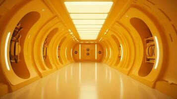 AI generated Empty yellow  tunnel. Technology futuristic background. photo