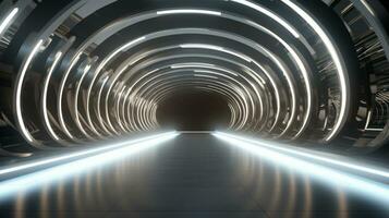 AI generated Empty silver tunnel. Technology futuristic background. photo