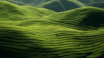 AI generated Green tea plantation, top view texture photo