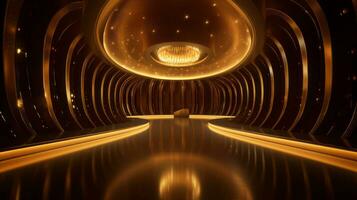 AI generated Empty gold futuristic tunnel. Technology Design. photo
