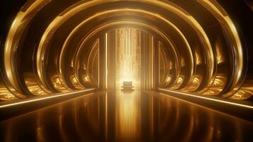 AI generated Empty gold futuristic tunnel. Technology Design. photo