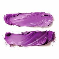 ai generado púrpura productos cosméticos lápiz labial frotis. crema maquillaje textura. parte superior ver de crema frotis en blanco antecedentes. foto