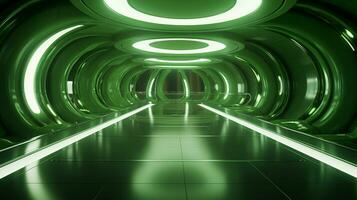 AI generated Empty green futuristic tunnel. Technology Design. photo