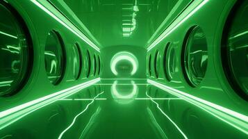 AI generated Empty green futuristic tunnel. Technology Design. photo