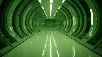 AI generated Empty green futuristic tunnel. Technology Design. photo