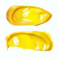 ai generado amarillo frotis y textura de lápiz labial. crema maquillaje textura. parte superior ver de crema frotis en blanco antecedentes. foto