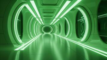 AI generated Empty green futuristic tunnel. Technology Design. photo