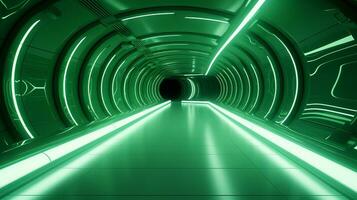 AI generated Empty green futuristic tunnel. Technology Design. photo