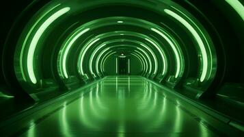 AI generated Empty green futuristic tunnel. Technology Design. photo