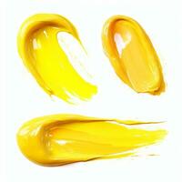 AI generated Yellow smear and texture of lipstick. Cream makeup texture. Top view of cream smears on white background. photo