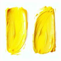 ai generado amarillo frotis y textura de lápiz labial. crema maquillaje textura. parte superior ver de crema frotis en blanco antecedentes. foto