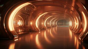 AI generated Empty gold futuristic tunnel. Technology Design. photo