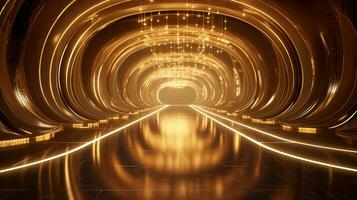 AI generated Empty gold futuristic tunnel. Technology Design. photo