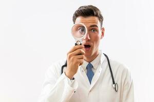 Image of shocked doctor looking through loupe photo