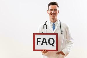 Image of doctor holding paper with text FAQ photo