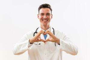 Portrait of doctor showing heart shape with hands photo