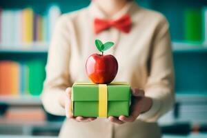Teachers Day - Teacher holding an apple over a gift received from students on Teachers Day. AI Generate photo