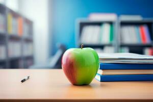 profesores día - libros y manzanas, símbolos de conocimiento y gratitud, adornar el mesa en celebracion de el día de educadores quien forma mentes y corazones. ai generar foto