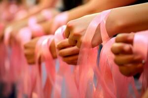 rosado octubre - mujer juntos con rosado cintas en pecho cáncer conciencia, rosado cintas el emblema de esperanza. juntos, nosotros son más fuerte. nosotros será golpear pecho cáncer. ai generativo foto