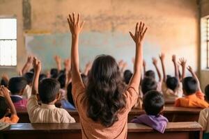 Teachers Day - Vibrant class, with excited children raising their hands to interact with the teacher. On Teachers Day, we remember the transformative power of education. AI Generate photo