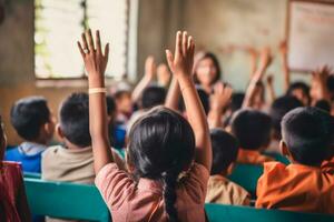 Teachers Day - Vibrant class, with excited children raising their hands to interact with the teacher. On Teachers Day, we remember the transformative power of education. AI Generative photo