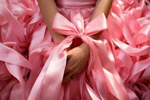 rosado octubre - personas vistiendo rosado cintas en solidaridad con el porque de temprano detección de pecho cáncer. prevención es nuestra proteger en contra pecho cáncer. ai generativo foto