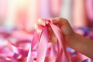 Pink October - Woman holding ribbons in pink tones, a symbol of awareness for the early detection of breast cancer.Together, we are stronger. We will beat breast cancer AI Generative photo