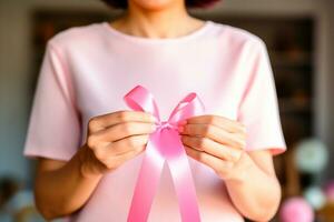 Pink October - Dedicated woman, lovingly weaving a pink ribbon, a symbol of awareness for the early detection of breast cancer. Together, we are stronger. We will beat breast cancer. AI Generative photo