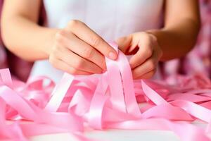 Pink October - Dedicated woman, lovingly weaving a pink ribbon, a symbol of awareness for the early detection of breast cancer. Together, we are stronger. We will beat breast cancer.. AI Generative photo