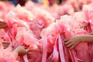 octubre - mujer unido con rosado cintas, simbolizando el importancia de temprano detección de pecho cáncer. mujer unido en contra cáncer, nosotros son Imparable ai generativo foto