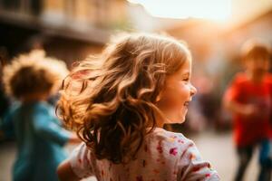 para niños día - niños sonriente a el final de el tarde muy contento. Niños y muchachas jugando juntos, radiante sonrisas iluminacion el día. un niño sonrisa es el mayor poder. ai generativo foto