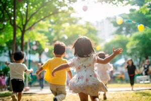 Children's Day - Boys and girls playing together, radiant smiles brightening the day. A child's smile is the greatest wealth in the world.. AI Generative photo