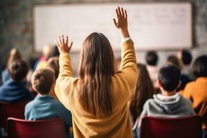 Teachers Day - Happy teacher with raised hand, inspiring students in the classroom. Teachers Day is a reminder of the lasting impact they have on our lives. AI Generative photo