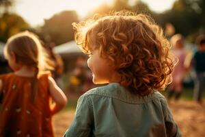 para niños día - niños jugando en el tarde tarde al aire libre, muy contento. Niños y muchachas jugando juntos, radiante sonrisas iluminacion el día. un niño sonrisa es el mayor riqueza. ai generativo foto