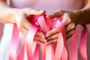 rosado octubre - mujer participación cintas en rosado tonos, un símbolo de conciencia para el temprano detección de pecho cáncer.juntos, nosotros son más fuerte. nosotros será golpear pecho cáncer. ai generativo foto