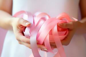 rosado octubre - mujer participación cintas en rosado tonos, un símbolo de conciencia para el temprano detección de pecho cáncer.juntos, nosotros son más fuerte. nosotros será golpear pecho cáncer. ai generativo foto