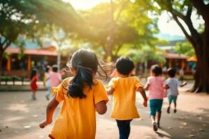 para niños día - Niños y muchachas jugando juntos, radiante sonrisas iluminacion el día. un niño sonrisa es el mayor riqueza en el mundo.. ai generativo foto