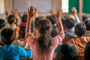 Teachers Day - Inspiring teacher at the front of the class, dedicated students raising their hands in sign of participation. On Teachers Day, we celebrate those who shape minds. AI Generative photo