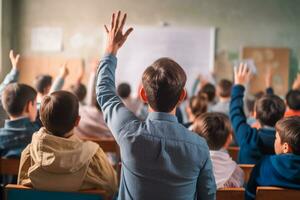 Teachers Day - Inspiring teacher at the front of the class, dedicated students raising their hands in sign of participation. On Teachers Day, we celebrate those who shape minds. AI Generative photo