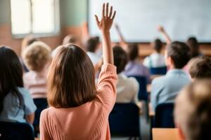 Teachers Day - Inspiring teacher at the front of the class, dedicated students raising their hands in sign of participation. On Teachers Day, we celebrate those who shape minds. AI Generative photo