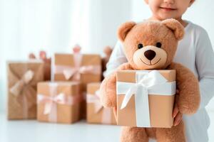 para niños día - un niño recepción o dando un regalo. para niños día es un conmemorativo fecha, celebrado cada año en honor de niños. cada país tiene un celebracion fecha. ai generativo foto