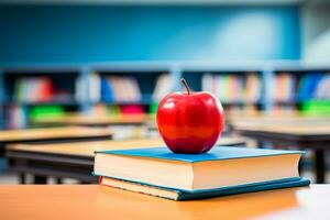 profesores día - libros y manzanas, símbolos de conocimiento y gratitud, adornar el mesa en celebracion de el día de educadores quien forma mentes y corazones. ai generativo foto