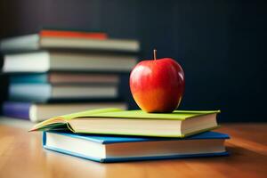 profesores día - libros y manzanas, símbolos de conocimiento y gratitud, adornar el mesa en celebracion de el día de educadores quien forma mentes y corazones. ai generativo foto