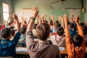 Teachers Day - Inspiring teacher at the front of the class, dedicated students raising their hands in sign of participation. On Teachers Day, we celebrate those who shape minds. AI Generative photo